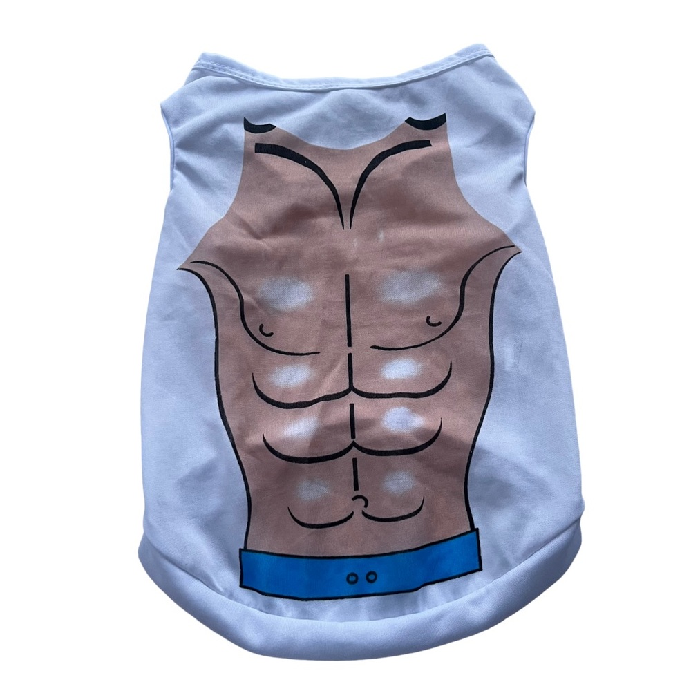 Drooling Dog Size Large White Shirt Blue Swim Trunks Abs Graphic Dog Clothing